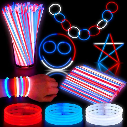 JOYIN 162 Pcs July 4th Patriotic Glow Sticks with Connectors, Red White Blue Light Up Sticks Bulk, 4th of July Bracelets & Necklaces for Kids, Glow in The Dark Party Supplies for Independence Day