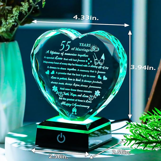 Happy 55th Wedding Anniversary Crystal Gifts for Couples Parents, 55th Wedding Anniversary Keepsake Gifts for Her Him with Colorful LED Base, Romantic 55 Years of Marriage Heart Gift for Wife Husband