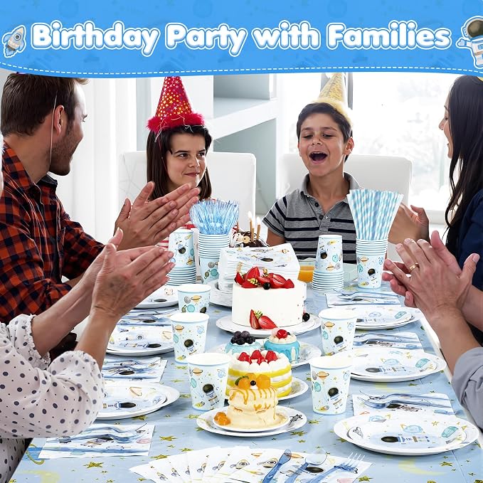 Potchen 452 Pcs Party Supplies Serve 50 Guests, Paper Plates Napkins Cups Cutlery Plastic Tablecloth Dinnerware for Birthday Wedding Party Decoration (Baby Blue, Space)