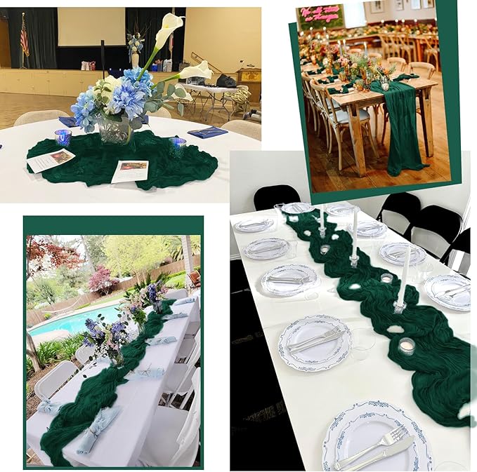 12 Pack Emerald Green Table Runner 10Ft Cheesecloth Table Runner Rustic Gauze Table Runners Romantic Long Sheer Fabric Cheese Cloth Table Runners for Wedding Party Bridal Baby Shower