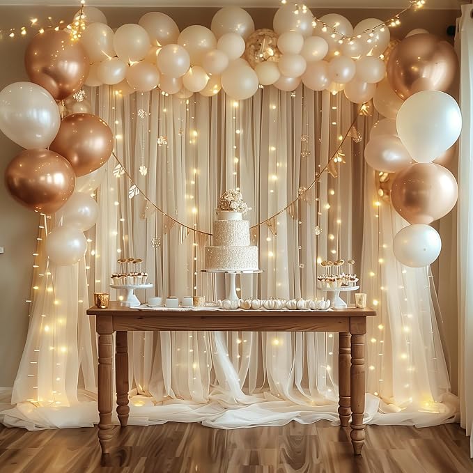 Fomcet Tulle Backdrop Curtains Champagne 20FT X 10FT Tulle Curtains with Lights String Sheer Backdrop Curtain for Parties Wedding Baby Shower Photo Shoot Decorations (4 Panels 5x10FT)