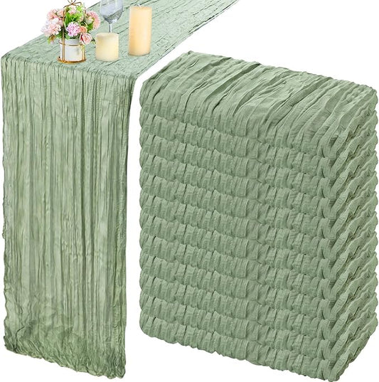 Buryeah 12 Pcs Cheesecloth Table Runner Boho Gauze Table Runner Bulk Rustic Cheese Long Romantic Runners for Wedding Bridal Shower Birthday Decor(Sage Green,29 x 170 Inch)