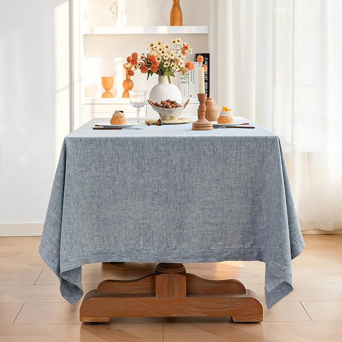 Linen World Yarn-Dyed Linen Tablecloth 90x132inch, Denim Look Table Cover, 100% French Linen Chambray Blue, Soft & Breathable Natural Flax, Washed Table Cloth for Dining & Everyday Use