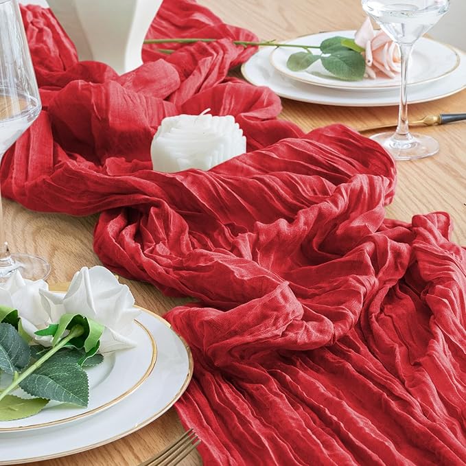 Table Runner Cheesecloth 10FT Red Boho Gauze Cheese Cloth Rustic Sheer Table Runners for Wedding Birthday Bridal Baby Shower Party Decoration