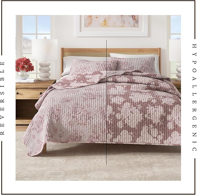 Great Bay Home Twin/Twin XL 100% Cotton Quilt Set with Shams - Vintage Pink Floral Prints - Lightweight, Breathable, All-Season Bedding - 2-Piece Twin Bed Set (Dusty Rose)