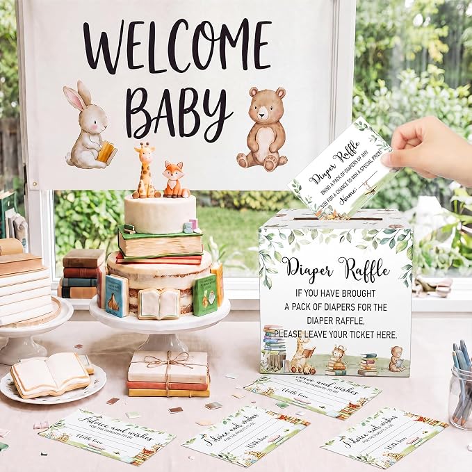 Teling 51 Pieces Diaper Raffle Tickets with Card Box Baby Shower Decorations Gender Reveal Holder Box for Girl Boy Diaper Raffle Party(A New Chapter Will Soon Begin,Storybook)
