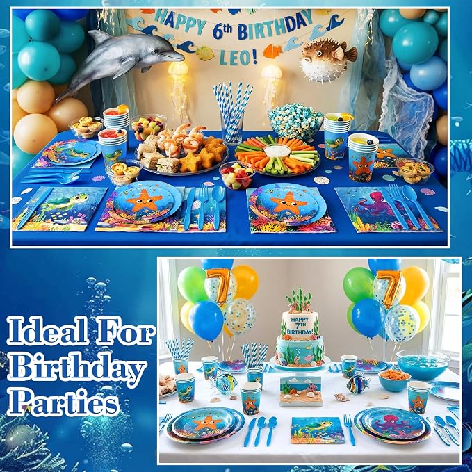 450 Pcs Under the Sea Tableware Set Party Decorations Ocean Birthday Paper Plates Napkins Cups Cutlery Straws for Sea Animal Theme Underwater Creatures Beach Party Supplies, Serves 50