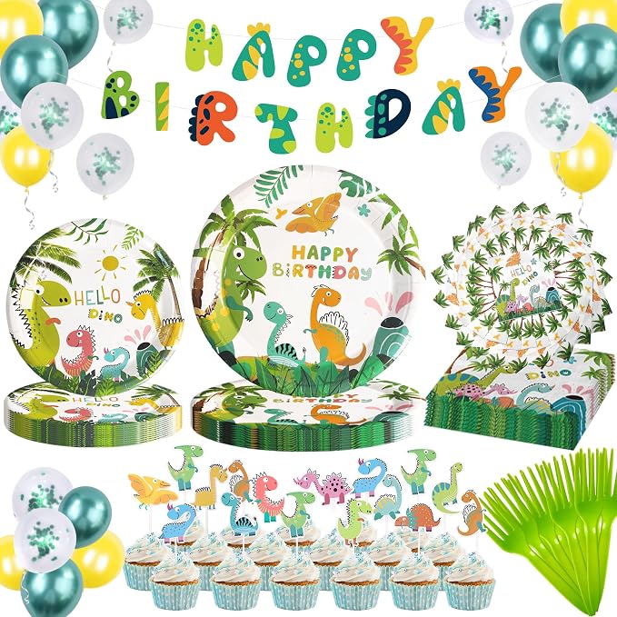 Dinosaur Birthday Decorations - 24 Guests Dino Party Decorations Set, Jurassic Dinosaur Birthday Party Supplies Kit for Kids 3 4 5 Years
