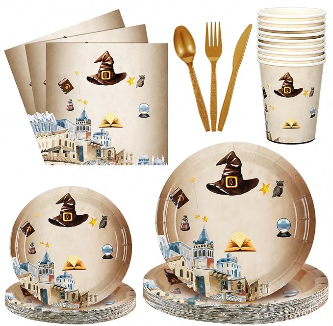 350 Pcs Magical Wizard Party Decorations Supplies A Magical Bundle Is On The Way Tableware Set Disposable Plates Cups Napkins Cutlery for Birthday Shower Wizard Party, Serve 50