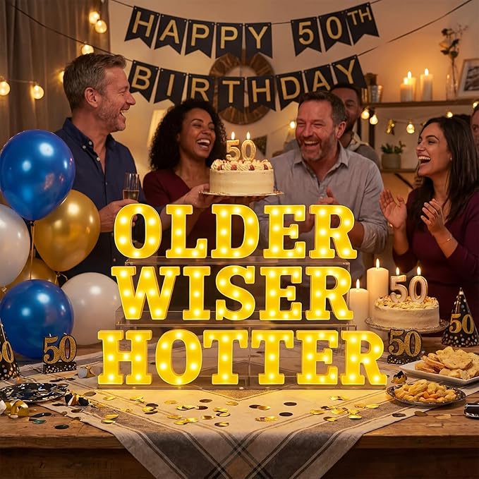 Honoson 16 Pcs Older Wiser Hotter Lights up Sign 6.5 Inch Birthday Party Decorations LED Letter Lights Sign Table Decoration for Women 30th 40th 50th 60th 70th 80th Party Birthday Supplies Decorson