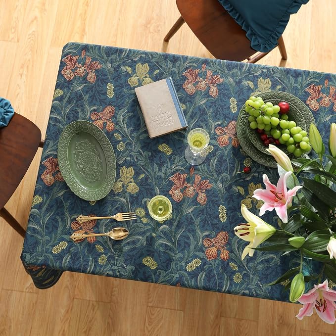 patdrea Vintage French Linen Tablecloth,Rectangular,79"x55"-Herbert C | Elegant Table Cloth for Rectangle Table,Navy Blue Floral Patterned,Dining Room Tea Party Thanksgiving Coffe Table