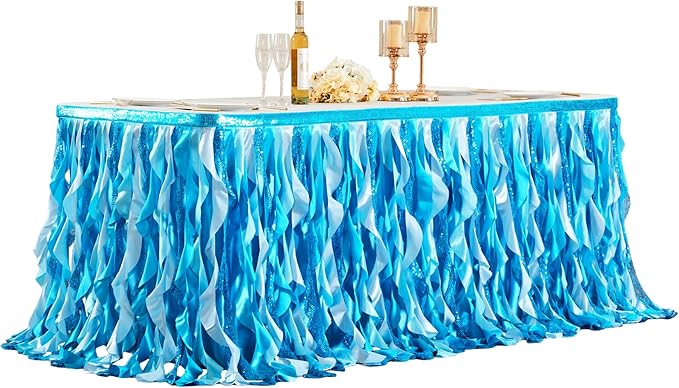 Wish Care 6ft Blue Sequin Table Skirt for Rectangle Tables Curly Willow Ocean Tutu Skirt Under The Sea Baby Shark Ruffle Table Cloth Desk Skirts for Birthday Baby Shower Theme Party Table Decorations