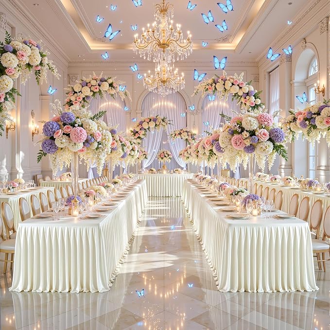 Ivory Satin Tablecloths Rectangle 4FT, Glitter Spandex Fitted Stretch Table Covers Wrinkle-Resistant Floor Length Shimmer Pleated Table Skirt for Weddings Parties Baby Shower Banquets Vendor Events