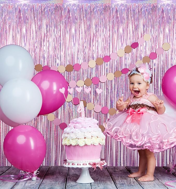 GOER 3.2 ft x 9.8 ft Metallic Tinsel Foil Fringe Curtains Party Photo Backdrop Party Streamers for Birthday,Graduation,New Year Eve Decorations Wedding Decor(4 Packs,Laser Pink)
