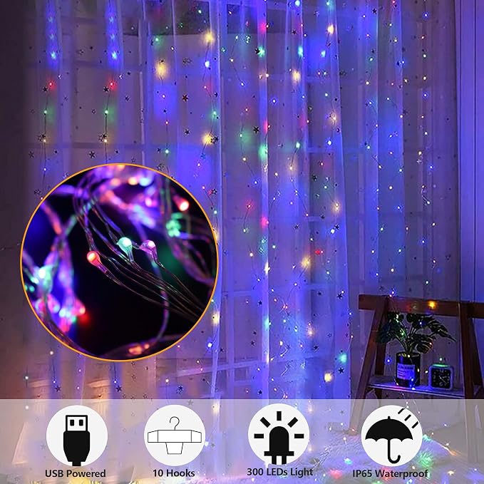 HOME LIGHTING Window Curtain String Lights, 300 LED 8 Lighting Modes Fairy Copper Light with Remote, USB Powered Waterproof for Christmas Bedroom Party Wedding Home Garden Wall Decorations, Multicolor