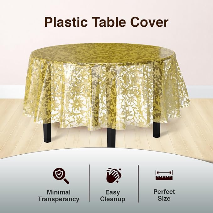 Exquisite Lace Table Cloth Round Table Plastic 12-Pack Lace Tablecloth 84 | Clear & Gold Floral Tablecloth Disposable | Wild Flower Party Decorations & Party Supplies