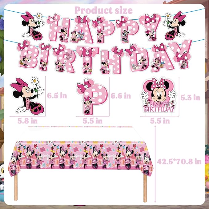 Pink Birthday Party Decorations Kit, Cartoon Birthday Supplies, Includes Happy Birthday Banner, Foil Balloons, Tablecloth, Backdrop, for Adult Themed Party Supplies