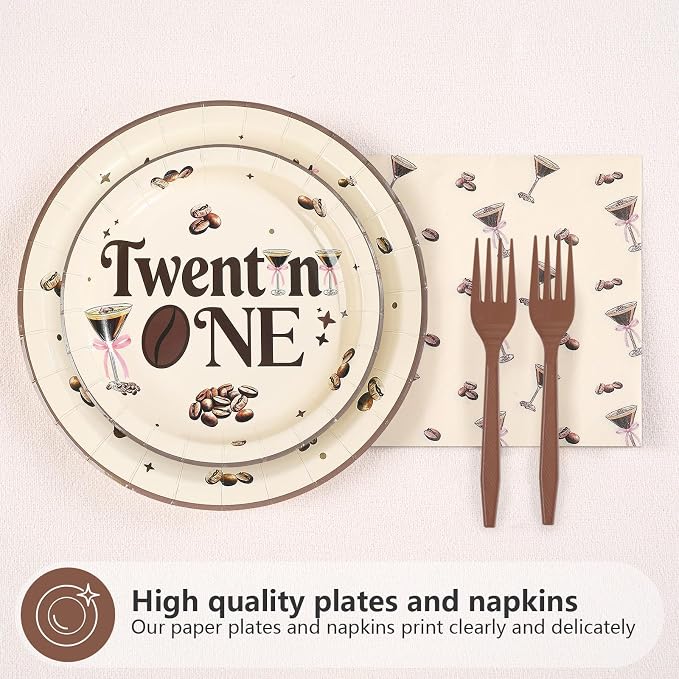96 Pcs Espresso Martini Happy 21st Birthday Decorations Martini A Tini Bit Older Paper Plates and Napkins Twentini One Tableware Set for Girls Women 21st Birthday Bachelorette Party Supplies, Serves 2