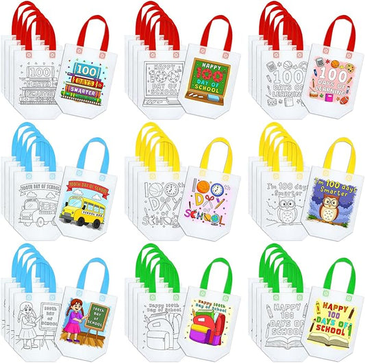 Kacctyen 45 Pcs Cute Coloring Goodie Bags Reusable Art Party Favor Paint Bags for Kids Theme Birthday Make Your Own Bag Graffiti Goodie Bag, 9 Styles (100th Day of School)
