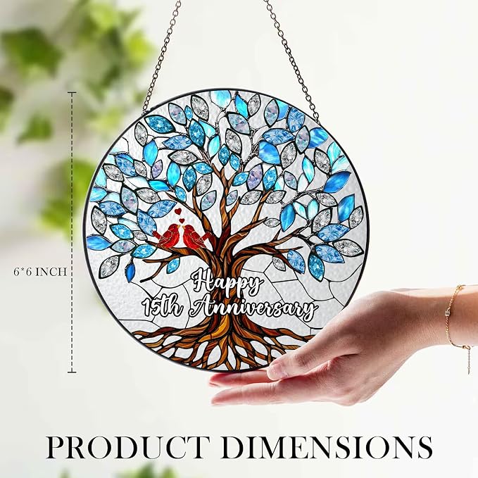 15th Wedding Anniversary Stained Glass Suncatcher, 6x6' Anniversary Decorations, 15th Celebration Marriage Gifts for Parents, Couple, Wife & Husband, 15 Wedding Milestone Keepsake