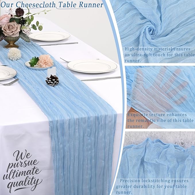 10 Pack Light Blue Cheesecloth Table Runner 17x108 Inch Semi Sheer Boho Rustic Gauze Cheese Cloth Table Runners for Wedding Party Birthday Baby Shower Home Décor