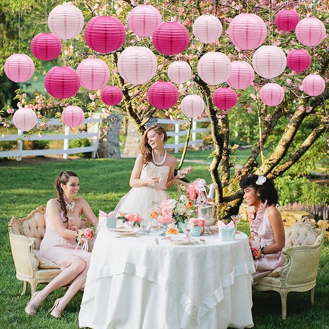 ADLKGG Pink Paper Lanterns Decorative, Hanging Round Paper Lanterns Indoor Outdoor for Valentines Day Decorations Graduation Wedding Birthday Baby Showers Tea Party Decorations, 21pcs