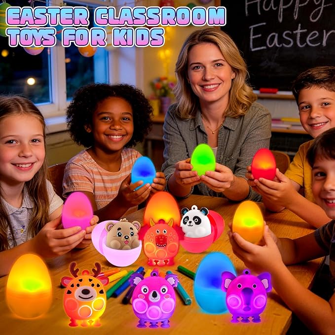 ChildFun Prefilled Easter Eggs with Light Up 3D Animal Pop Toys, 24 Pack Easter Eggs Filled, Easter Basket Stuffers for Toddler Eggs Hunt, Glow in The Dark Easter Egg, Easter Gifts for Kids
