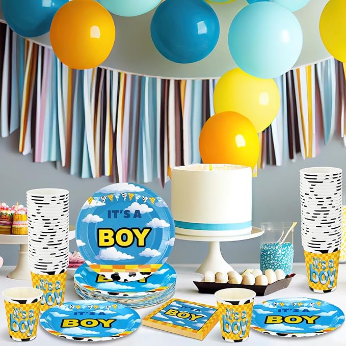 Hushee 200 Pcs Cartoon Story Baby Shower Paper Plates Napkins Cups Baby Shower Party Supplies Tableware Set Disposable Cup Napkin for 50 Guest Party Decoration