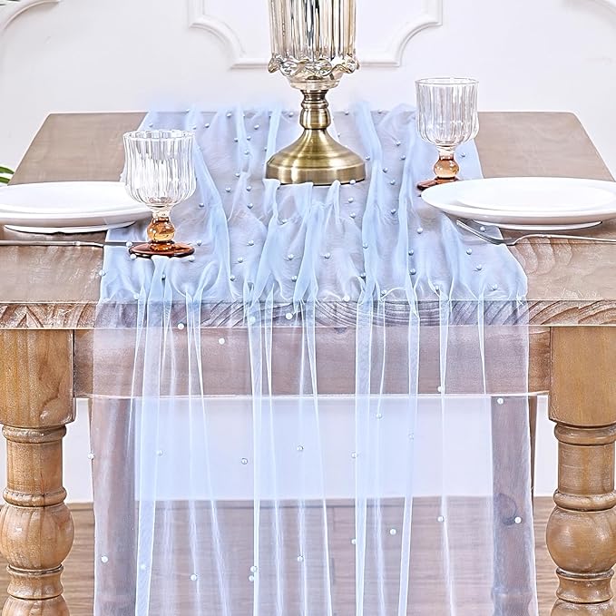 Pearl Table Runner Wedding Centerpieces: 10ft Pearl Table Decor 29x120 Inch Tulle Chiffon Fabric for Decor Birthday Party Dining Table Cover (Baby Blue)