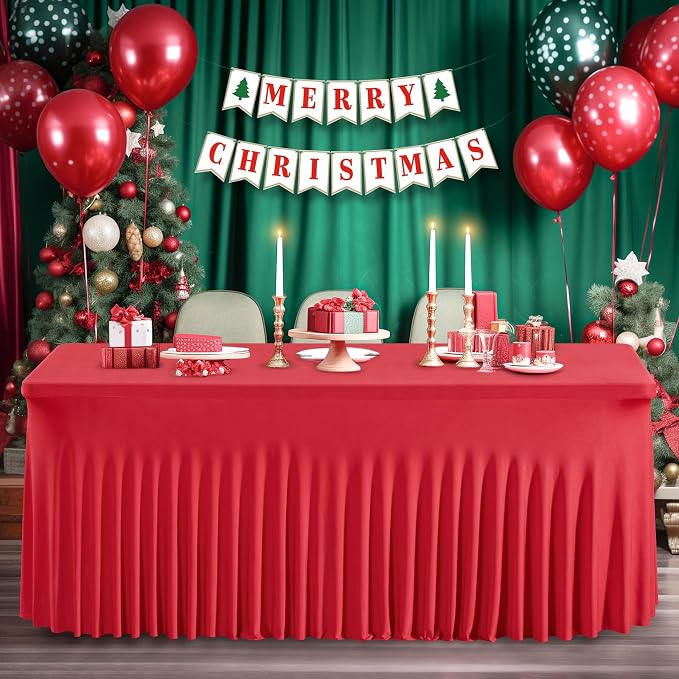 Wish Care 2 Pack Red Spandex Table Clothes for 4 Foot Rectangle Tables, 4FT Wrinkle Free Fitted Tablecloths Ruffles Design Stretch Table Cover for Party, Banquet, Wedding and Events