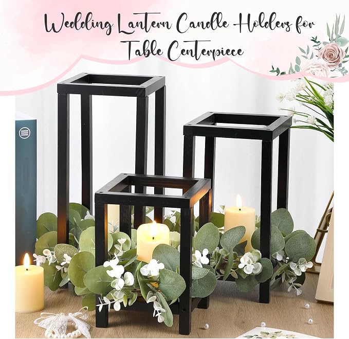 Geelin 12 Set Wooden Wedding Lantern Centerpiece Decor Baptism Lantern Candle Holder for Table Centerpiece Wedding Party Baby Shower Home Country Porch Patio Decor(7.87'', 10.59'', 12.99'',Black)