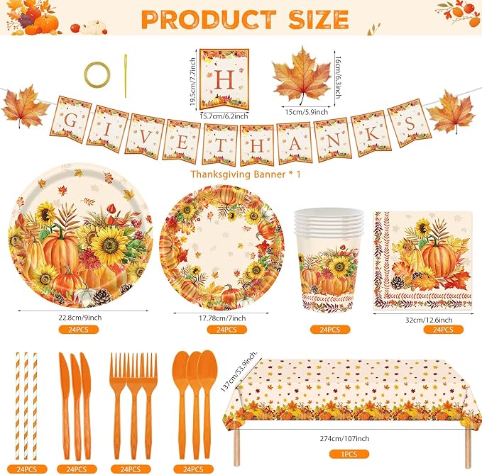 194Pcs Thanksgiving Disposable Dinnerware Tableware,Thanksgiving Paper Plates and Napkins Sets-Fall Thanksgivings Party Supplies with Tablecloth & Banner & Cups for Fall Party Decor, Serves 24