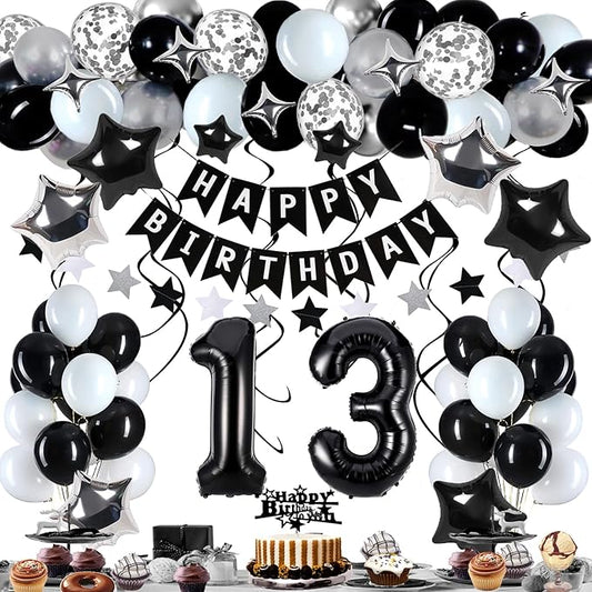 13th Birthday Decorations for Boy Girl, Black White and Silver Happy 13 Party Decor Set with 13 Number Foil Balloons, Banner, Cake Topper for Him Her