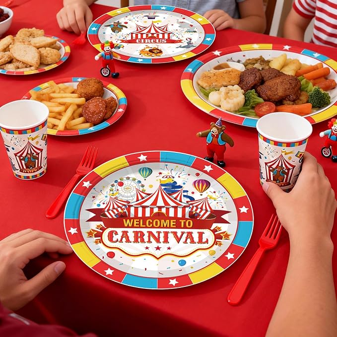 Cocomigo 302 PCS Circus Theme Party Decorations, All-in-One Carnival Theme Party Decorations Set with 25pcs Plates, Napkins, Tablecloths, Banner, Balloon Arch Circus Party Decorations for Girl & Boy