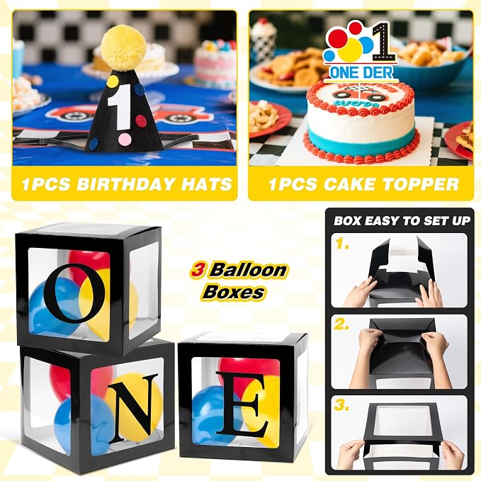 Fast One Birthday Decorations for Boys - 1st Race Car Theme Party Supplies for Baby Shower Decoration Include Birthday Hat Cake Topper Backdrop Tablecloth Photo Banner Arch Balloon Boxes Poster