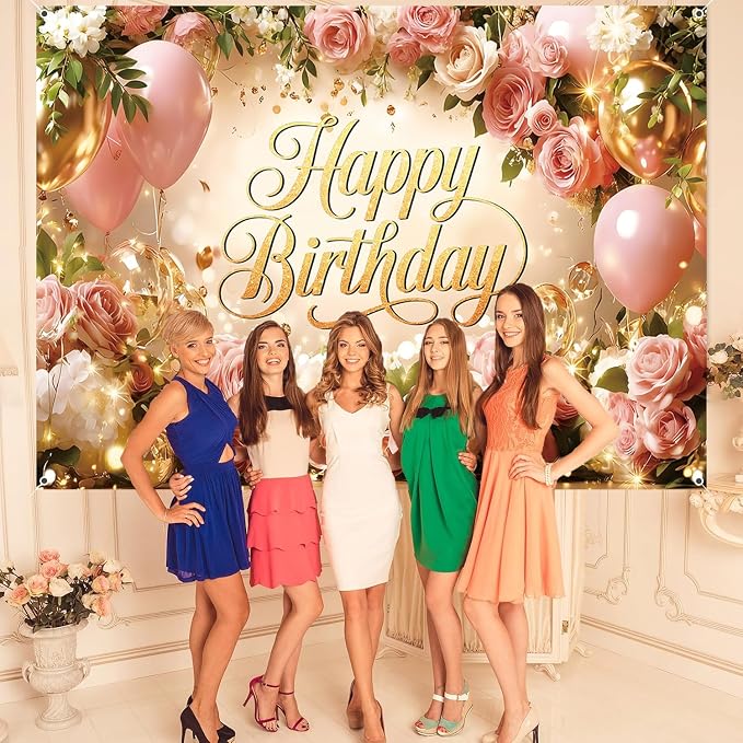 Happy Birthday Backdrop Banner For Women Girls Princess Pink Floral Flower Wall Rose Gold Balloon Party Decorations Photography Background Supplies Decor Fabric Photo Booth Props 7x5ft