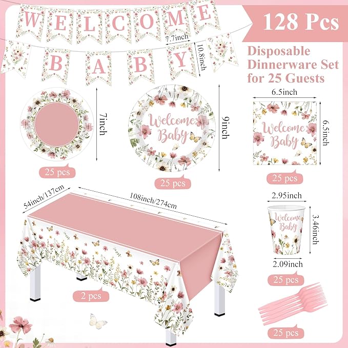 LemonRoad 128 Pcs Pink Floral Baby Shower Party Decoration Girl for 25 Guests, Wildflower Welcome Baby Shower Paper Plates Napkins Cups Tablecloth Forks Banner for Spring Gender Reveal Party Supplies