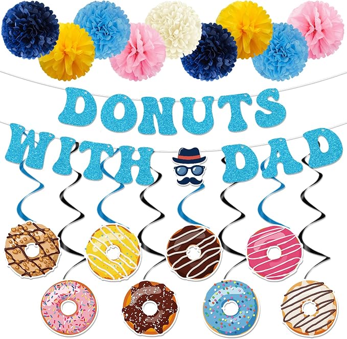Fathers Day Party Decorations - 19PCS Donuts with Dad Banners Hanging Swirls Paper Pompoms Party Decor, Happy Father's Day Donut Themed Holiday Supplies