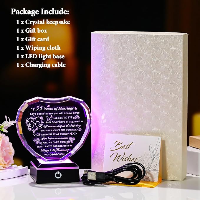Arikyrist 55th Wedding Anniversary Crystal Heart Gifts for Couple, Laser Engraved 55 Year Anniversary Crystal Gifts for Wife Husband Parents, Romantic 55 Years of Marriage Gift for Him Her Friends