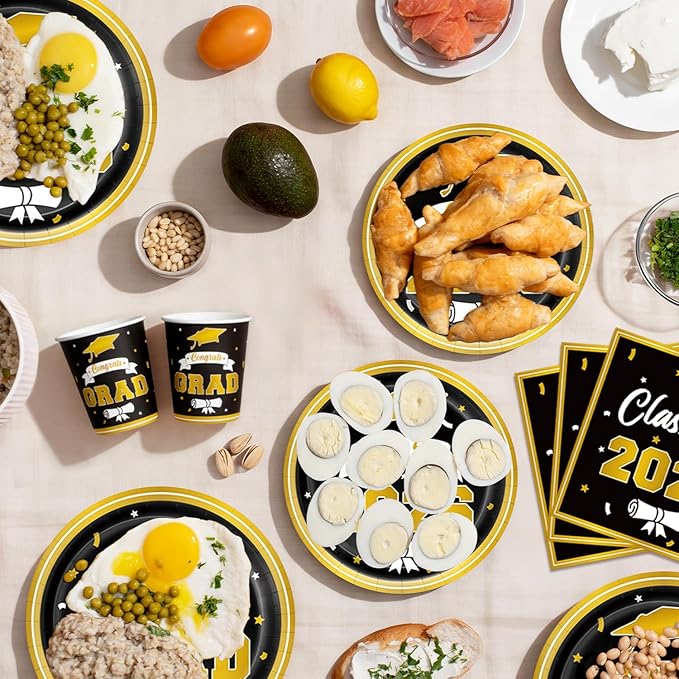 Graduation Decorations 2026 Black and Gold, Congratulations Party Favors Supplies Paper Plates Napkins Cups Tablecloth for 25 Guests, Disposable Tableware Accessories for College & Middle School