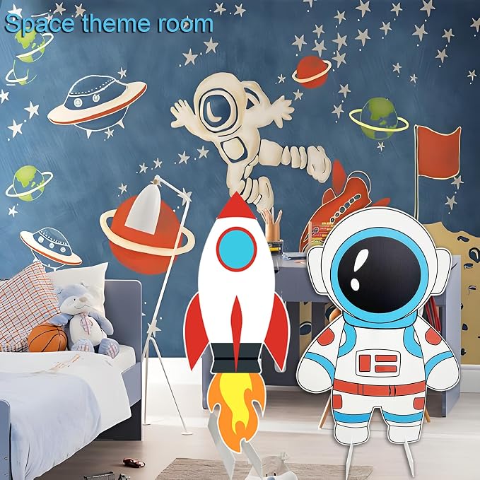 Outer Space Party Decorations 2 PCS Large Size Rocket and Astronaut Backdrop for Space Themed Decor Spaceship and Spaceman Cardboard Cutout for Science Party Spaceman Sign Birthday Photo Booth