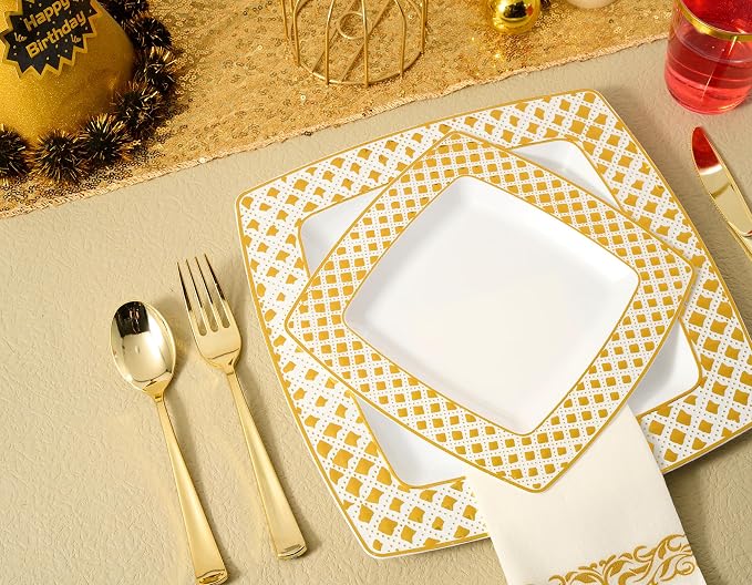 FOCUSLINE 175 Ct Gold Dinnerware Set for 25 Guests - Square Plastic Plates with Diamond Rim, Including 25 Disposable Dinner & Dessert Plates, Napkins, Cups, Cutlery