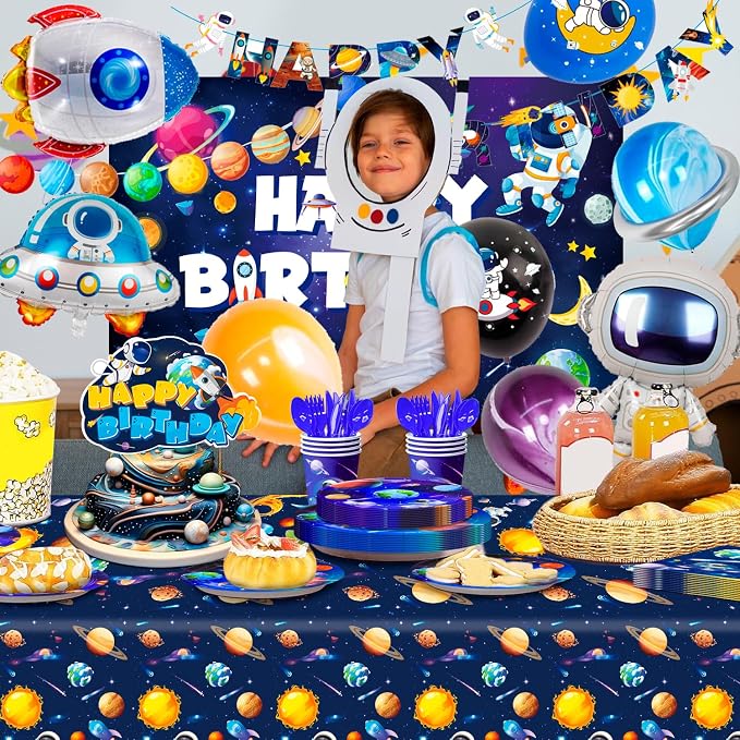 132pcs Space Birthday Party Decorations, 16 Guests Outer Space Birthday Tableware Set Outer Galaxy Party Plates Solar System Tablecloth Astronaut Balloons etc Space Astronaut Party Decorations