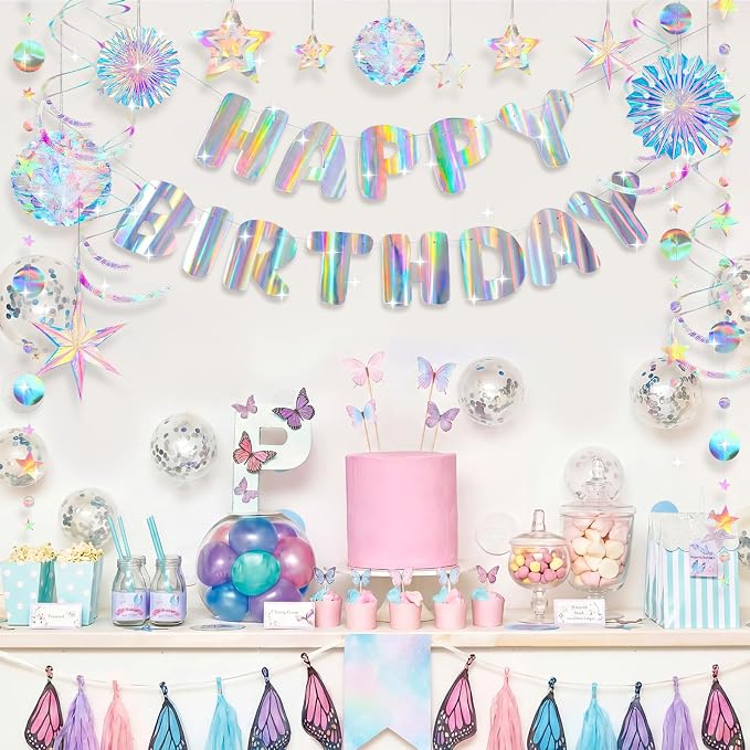 Knitgrip 23 Pcs Pre-strung Iridescent Birthday Party Decorations Aurora Holographic Party Decorations Include Disco Sparkly Happy Birthday Banner Hanging Honeycomb Ball Paper Fan Snowflake Star
