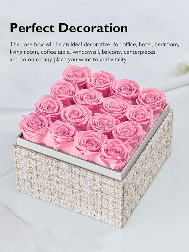 Eterfield Forever Flowers Preserved Roses Real Roses that Last Over a Year Rose Box Gifts for Her Mothers Day Valentines Day Christmas (Square Gold White Plaid Box, 16 Pink Roses)