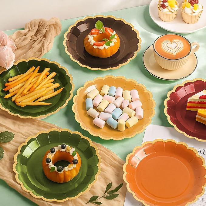 48 Pcs Green and Brown Paper Plates 9 Inch Gradient Woodland Scalloped Paper Plates Disposable Dinner Dessert for Birthday Wedding Bridal Party Supplies, 6 Colors