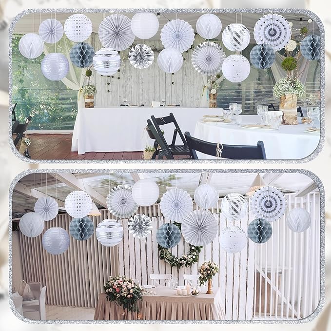 Retisee 18 Pcs Metallic Silver Party Decorations Kit Hanging Metallic Silver Paper Lanterns Paper Fans Honeycomb Balls for Birthday Anniversary Celebration Wedding Graduation Decoration Supplies