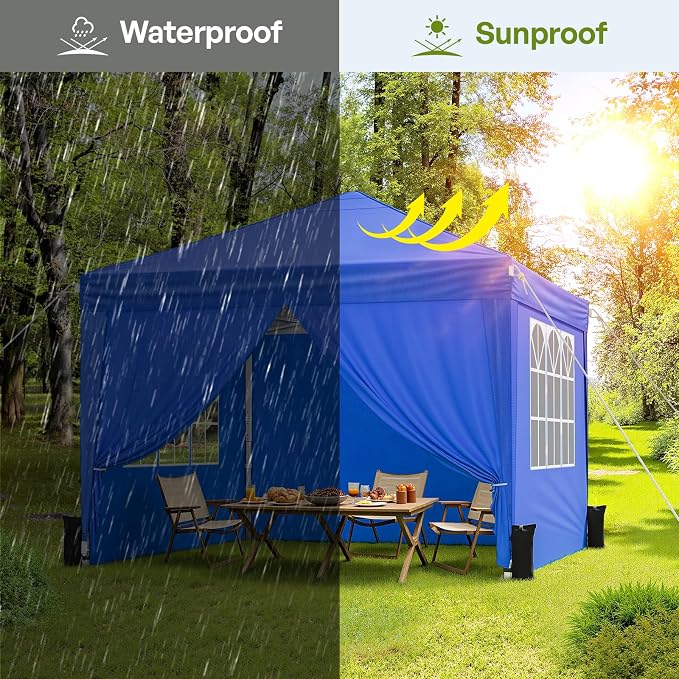 10x10 Pop Up Canopy with Sidewalls, Instant Portable Canopy Tent with Carry Bag for Commercial Events, Camping, Parties - Blue