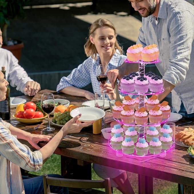 YestBuy 4 Tier Round Cupcake Stand – Premium Cupcake Holder – Acrylic Cupcake Tower Display – Acrylic Display for Pastry + LED Light String – Ideal for Weddings, Birthday Parties & Events (Pink)
