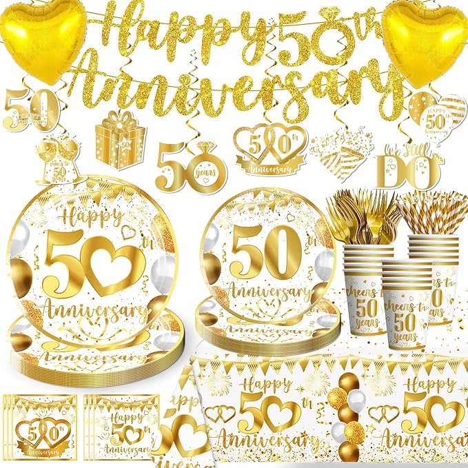 cocomigo 162pc 50th Anniversary Decorations - Tableware Set with Plates, Napkins, Banner, Tablecloth, Balloons - Serves 25